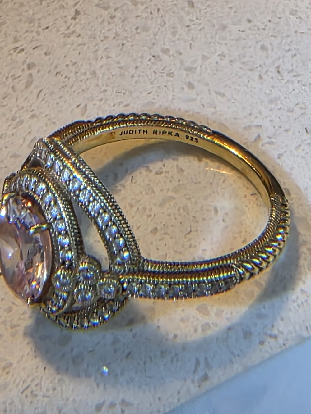 Judith Ripka Gold-Tone Ring with Pink Oval Center and Pavé Accents